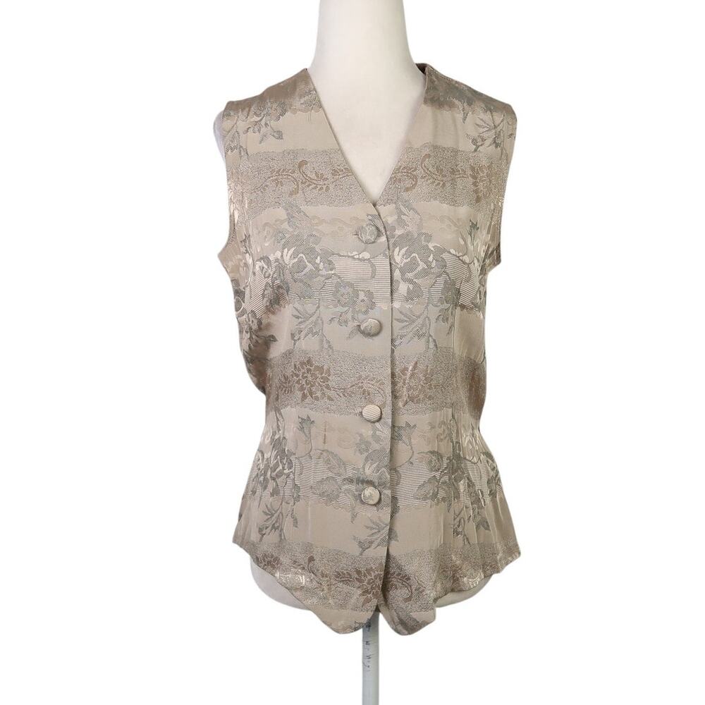 Vintage 80s Signet Tan Satin Brocade Jacquard Floral Vest Small